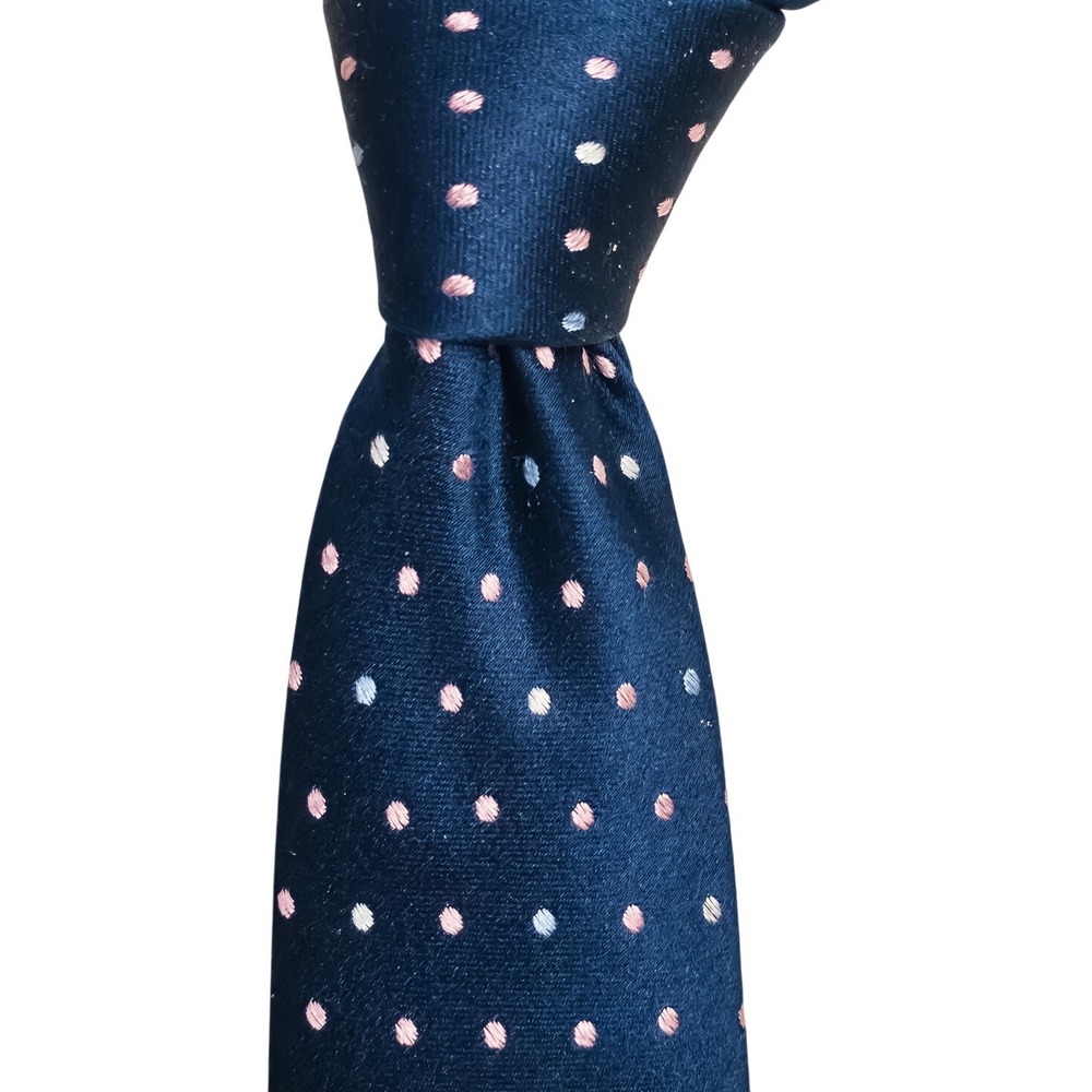 Hickey Freeman Necktie Men's Navy Blue Polka Dot Silk